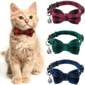 3 PCS Collares para Gatos Collar de gato con Cascabeles Automático para Gato para y Gatos para Mascotas para Gatos Pelo Gatito Diseño de Gatito a Cuadros con Lazo Extraíble