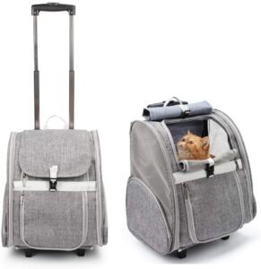 LOLLIMEOW - Mochila para perros con ruedas, gatos, cachorros, bolsa de viaje con ruedas, carrito para perros (gris)