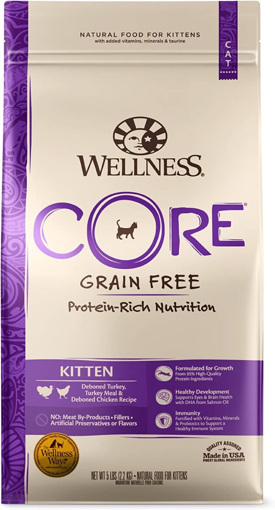 Wellness CORE Natural Grain Free Dry Cat Food, Kitten Turkey & Chicken Recipe, 5-Pound Bag
