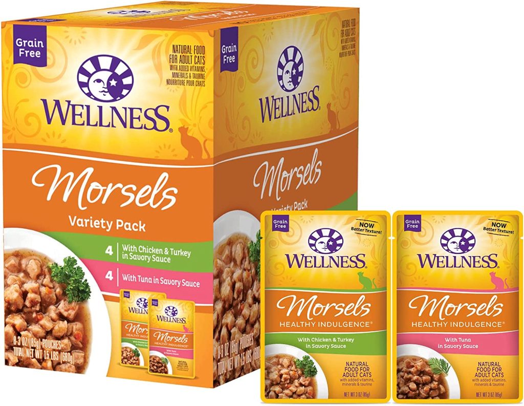 Wellness Healthy Indulgence Natural Grain Free Wet Cat Food, Morsels Variety Pack, 3-Ounce Pouch (Pack of 32)